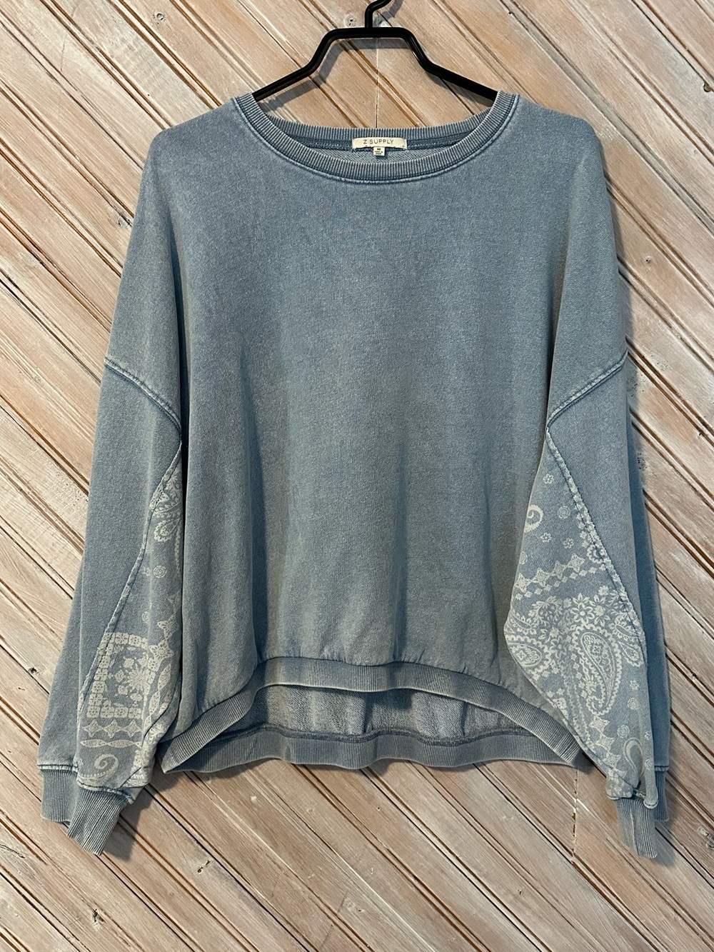 Z Supply Blue-Grey Scoop Neck Pullover with Paisley Sleeve Panels